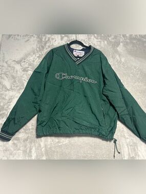 VTG 90s Champion Windbreaker Pullover Jacket Mens Large Green Embroidered